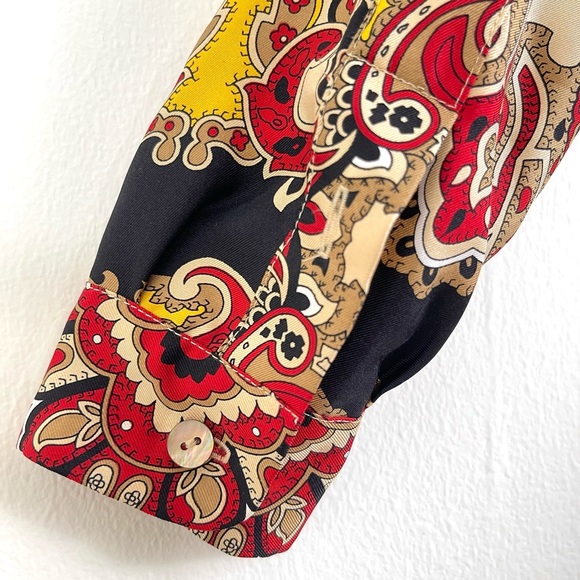 Mob Wife 100% Silk Shirt, Dana Buchman, Size 2 Petite, Gold & Red, Luxurious - Picture 12 of 13